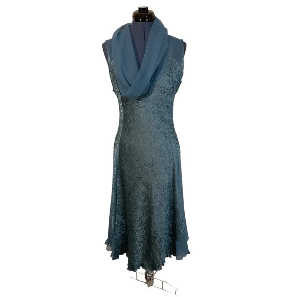 Komarov Blue Cowl Neck Sleeveless Crinkle Sheer Midi Dress Fairy Luxury Whimsy L